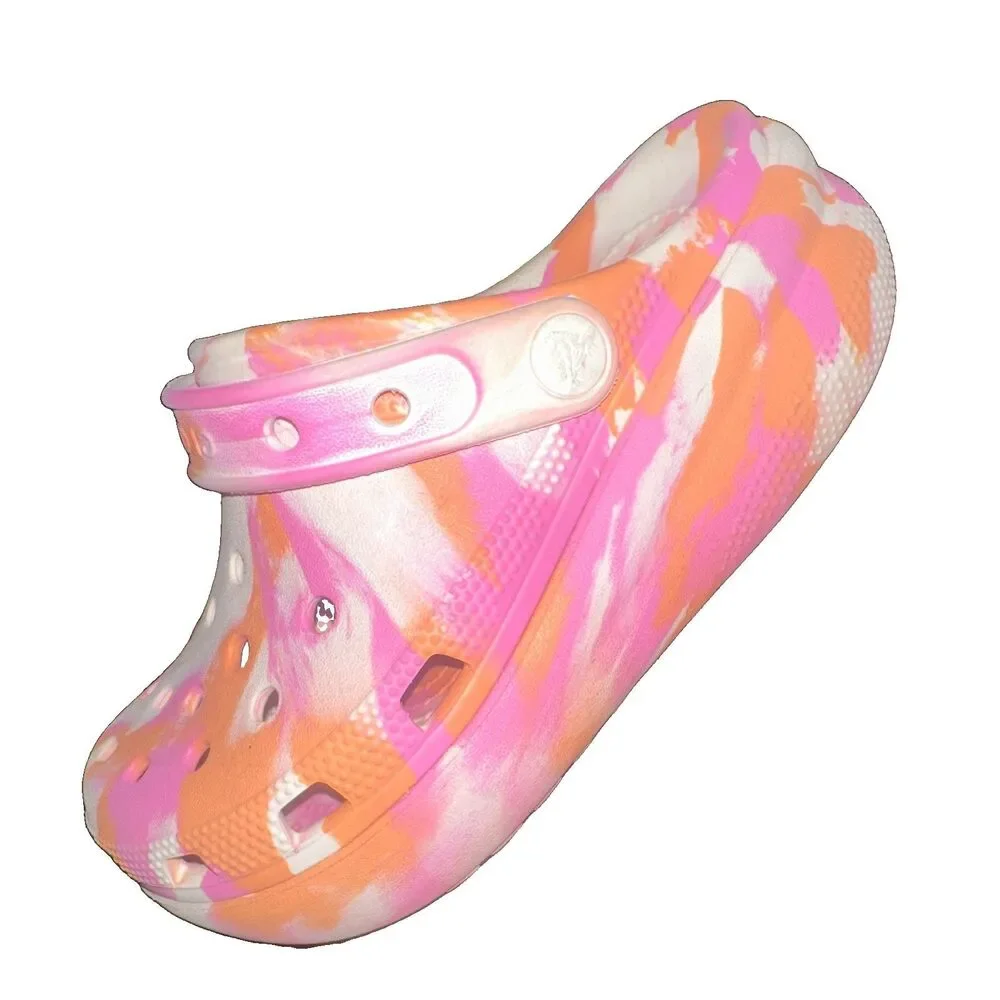 Crocs Classic Marbled Tie Dye Clogs Kids J2 Pink Orange White Slip On Shoes